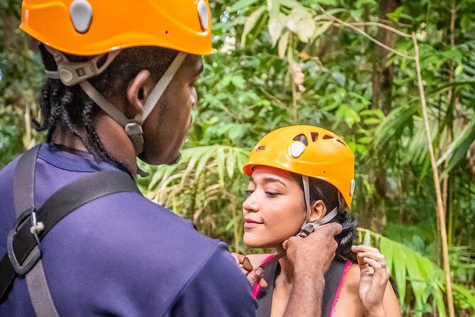 Adrena-Line Zipline, St. Lucia - Getting fitted with a helmet and harness