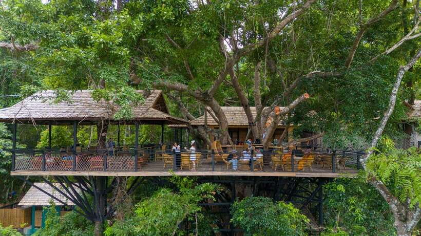 Kuang Si Waterfall, Tree Top Cafe, Ziplining - Reaching the turquoise pools of Kuang Si