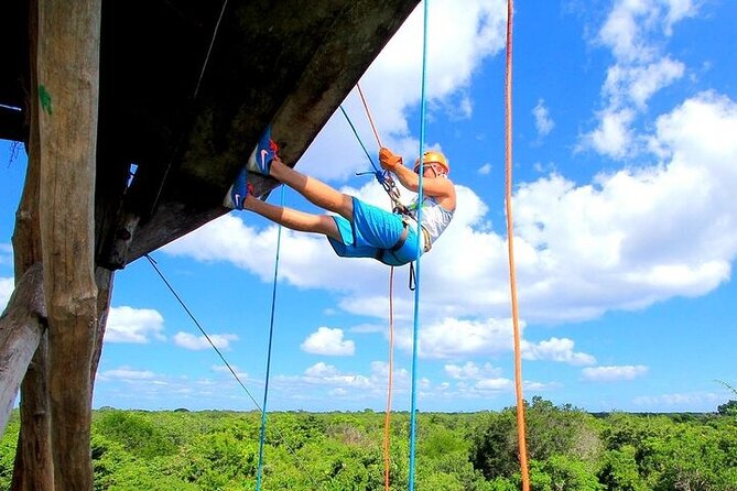 Xtreme Cenote Snorkel, Rappel, Jungle ZipLine, Tulum - Entering the underground cavern at Aktun Chen